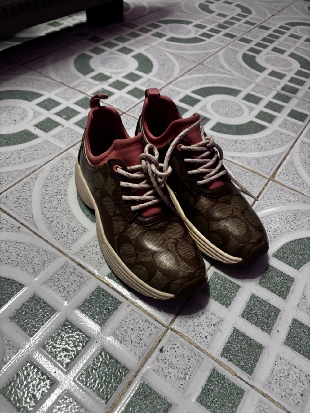 Coach Brown Monogram Sneakers with Dusty Rose Trim